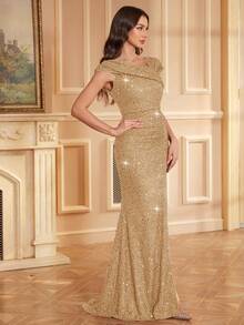 CHOSMO Đầm dạ hội màu Champagne mới, đính sequin đỏ lấp lánh, sang trọng và quyến rũ, đầm dự tiệc, đầm nữ eo cao xẻ tà, đầm dự tiệc cưới mùa xuân. - Rượu sâm banh - Xem 6