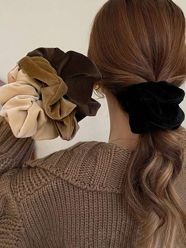 4pcs Elegant Velvet Hair Scrunchies In Black, Beige, Brown For Women, Fashion Versatile High Quality Simple Design Solid Color Hair Ties Accessories For Daily, Casual, Party, Commuting, Vacation, Ponytail, Bun, Washing, Makeup, Outfit Matching Scrunchy Hair Ties