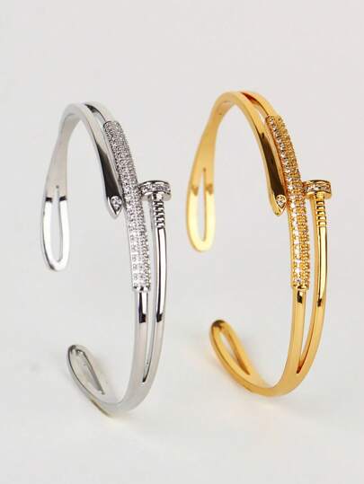 1pc Popular Casual Style Double-Layer Rivet & Cubic Zirconia Open Bangle Bracelet, Stylish Party Design, Suitable For Daily Wear