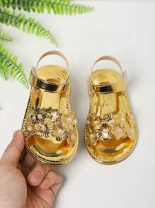 1 Pair Girl Sweet Floral Baby Beach Sandals, Spring/Summer - Gold - View 1