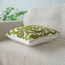 1pc Plant & Floral Embroidered Canvas Throw Pillow Case - Olive Green - View 6
