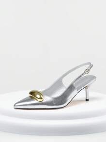 Womens Elegant Slingback High Heels Pointed Toe Stiletto Heel Gold Metal Stud Dress Pumps Buckle Strap Slip On Party Dressy Wedding Bridal Work Casual  Summer Sandals Shoes - Silver - View 5