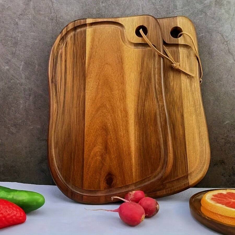 1pc Acacia Wood Outdoor Cutting Board, Portable Camping Chopping Board, Small Kitchen Cutting Board With Hanging Hole And Juice Trough, Can Cut Meat, Vegetables, Fruits, Bread, Perfect Kitchen Tool For Outdoor & Camping