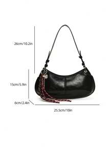 高品质腋下手提包，女士时尚休闲百搭单肩包，纯色新月形工作包 - 黑色 - 查看 9