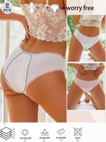 2pcs Women Solid Color Lace Trim Layered Thick Low Waist Briefs - Multicolor - View 1