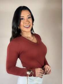 Basic Blouse - Long Sleeve V-Neck - Second Skin - Mid-Season - Mocha Brown - View 4