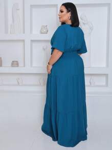 Plus Size Long Dress V Neck Short Sleeve - Teal Blue - View 2