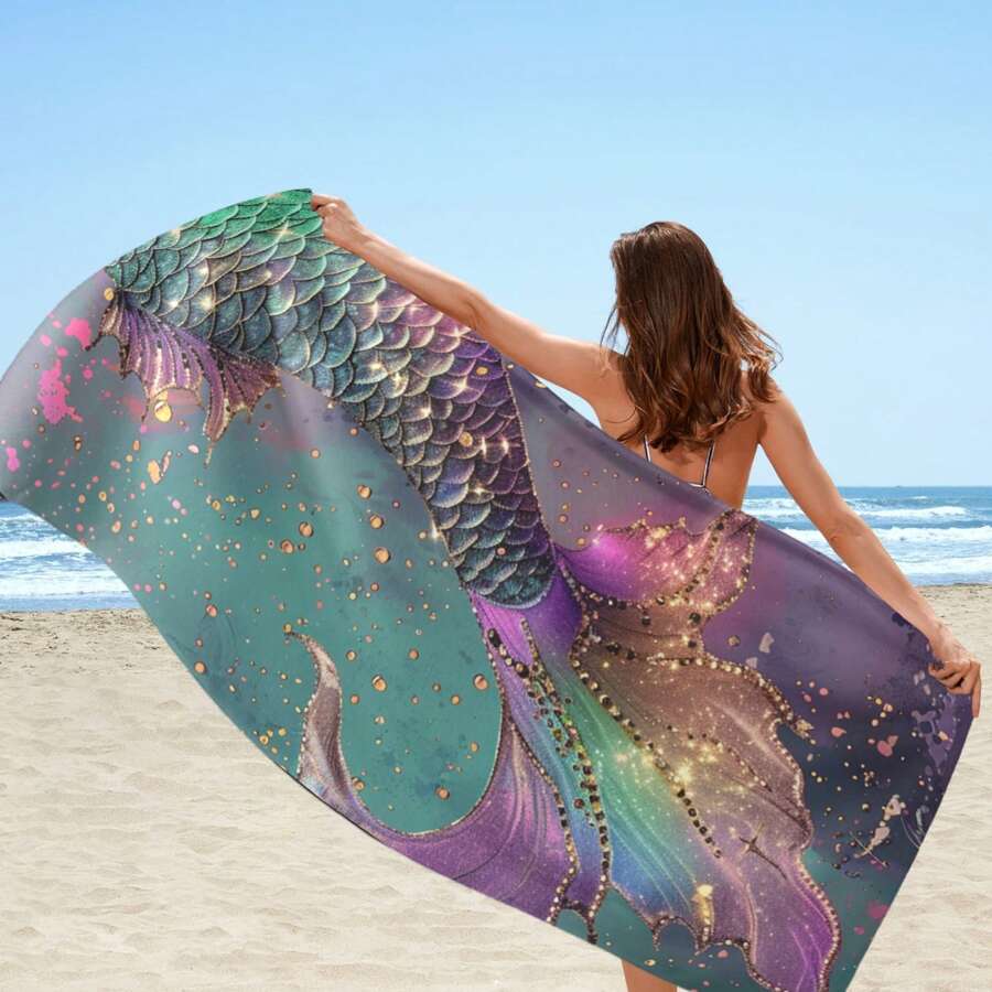 1 件 29 英寸 X 58 英寸 31 英寸 X 71 英寸现代美人鱼印花超细纤维沙滩巾 - 超强吸水、速干、轻盈、柔软、超大旅行毯，适合海滩和泳池边使用 - 可机洗矩形涤纶针织面料，速干毯 | 现代风格毛巾 | 超细纤维涤纶，夏季沙滩毯，节日浴室装饰海滩必需品