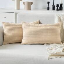 1 vỏ gối trang trí bằng vải nhung kẻ sọc màu trơn mềm mại, vỏ gối vuông cho mùa xuân, mùa đông, trang trí nhà ngày lễ, vải sọc mềm mại và thoải mái, ghế sofa hiện đại, phòng ngủ, ký túc xá - Màu Khaki - Xem 3