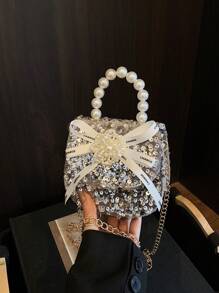 Pu Magnet Closed Fashion Bow Sequin Pearl Handbag Bag, Niche Design Exquisite Girls Lipstick Dinner Chain Bag Comfortable Sweet Fashionable One-Shoulder Crossbody Mini Bag, Smooth And Versatile And Not Picky, Suitable For Daily Outings, Play, Use The Perfect Gift For Girls, Friends, And Relatives. - Pearl Handbag - View 4