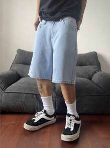 Shorts vaqueros informales de pierna ancha para hombre, shorts de mezclilla de verano lisos, shorts de mezclilla amplios de color azul claro, regalo para el esposo o novio