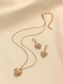 1 Set Elegant Cubic Zirconia Heart Shape Copper Metal Pendant Necklace And Earrings Jewelry Set, Suitable For Women, Daily Wear Or Gift