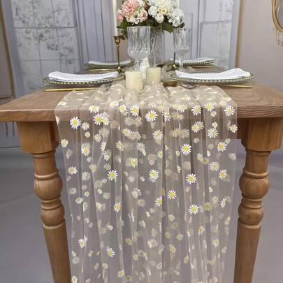 30x78 Inches Champagne Daisy Table Cloth Wedding Table Runner Decor Tulle Fabric Lace Tablecloth Chiffon Table Cover