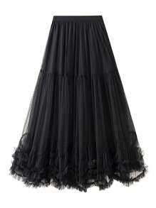 Womens Tulle Long Skirts Elastic High Waist Ruffle Hem Tutu Skirts Fluffy A-Line Midi Skirts
