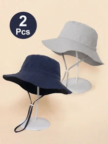 2pcs Children Solid Color Sun Visor Hat With Chin Strap, Summer Beach Sun Ion Bucket Hats - Navy Blue + Gray - View 4
