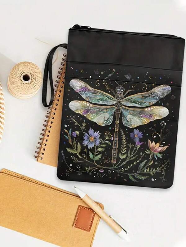 Vintage Floral And Dragonfly Zip Book Cover - Polyester, Washable Fabric Cover, Black, Colorful Designs For Teens, Adults, Teachers, Students - Medium Size (11.8 X 9 Inches), Book Cover Cover,Back To School,School Supplies