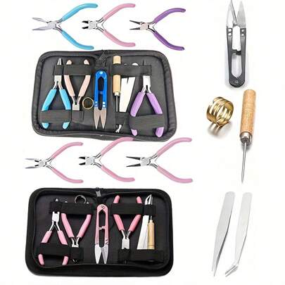 8 件/套，2 件/套优质 DIY 钳子工具套件，包含 3 把多功能钳子、2 把镊子、1 把锥子、1 把 U 型剪刀、1 个开口环，适合初学者和专家，方便的家居必备品（3 把粉色/紫色或粉色和蓝色钳子）