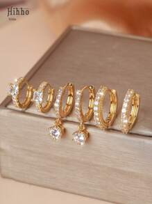 Hihho 6pcs Elegant Geometric Cubic Zirconia Inlay Square & Round Zirconia Charm Earrings Set, Fashion Jewelry Gift For Women - Yellow Gold - View 4