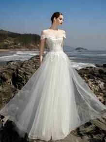 Elasola 优雅迷人的白色蕾丝贴花正式晚宴A字网纱蓬蓬婚纱新娘优雅 - 白色 - 查看 7