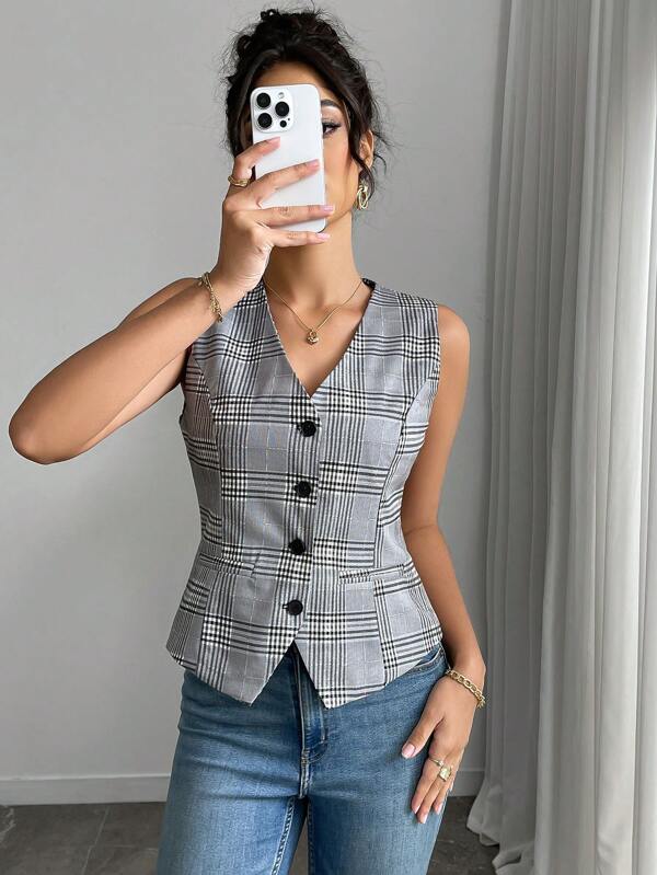 Plaid Elegant Retro Slim Waist Simple Sleeveless Vest, Woven Fabric Faux Pocket Design, Spring/Summer/Autumn
