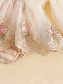 Infant Baby Girl Tutu Romper Dress With Headband Mesh Long Sleeve Floral Lace Embroidery Skirt Birthday Outfit - 米色 - 查看 7