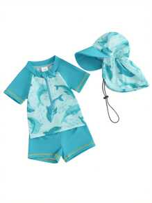 Baby Kids Girls Boys Rash Guard Set, Short Sleeve Shark Dolphin Print Top With Shorts Hat Swimsuit Summer Swimwear - Sky Blue - View 7