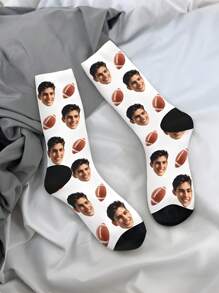 1 Pair Customized 3D Numeric Hot Transfer 360° Print Personalized Face Design Crew Socks, Unisex, Comfortable, Breathable, Fashion, Suitable As Gifts For Friends, Family, Couples, Holidays, Vacations - Football Design