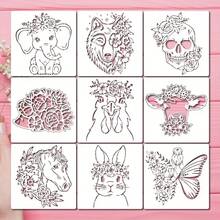 9pcs Floral & Animal Stencil Set, 7.9x7.9 Inch Reusable Floral Skull Stencils With Metal Rings, Patterns Include Elephant, Cow, Rabbit, Wolf, Butterfly, Etc., Suitable For Painting On Wood, Walls, Farmhouse Style Canvas, Scrapbooks And Other Home Decor - White - View 3