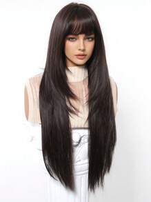 自然逼真、耐热、合成长直粉色假发，适合日常佩戴 - 黑棕色 - 查看 5