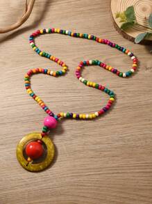 New Wooden Beads & Woven Coconut Shell Long Sweater Chain Necklace, Handmade Bohemian Versatile Accessory - Multicolor - View 3