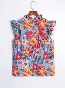 LUNE Spring/Summer 2025 New Fashionable French Style Women Blouse, Ruffle Collar, Camisole, Ruffle Hem, All-Over Floral Print, Back-To-School, American Long Shirt, Teacher Attire, 70s Style, Commute, Minimalist, Office Wear, Retro, Simple, French, Spring/Summer Top, Vintage Banker's Style Shirt, Round Neck, Ruffle Sleeve, Women Casual Sleeveless Floral Shirt, Suitable For Outerwear
