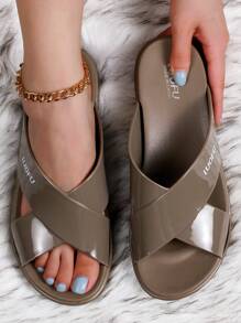 luofu LUOUFU Women's Comfortable Criss-Cross Flat Sandals, Exclusive Design Outdoor Summer Khaki Slippers, Non-Slip House Slippers, Beach Shoes - Khaki - View 1