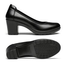 Wide Fit Women's Chunky Low Block Heels Work Pumps Comfortable Casual Round Closed Toe Dress Wedding Shoes - Black - View 7