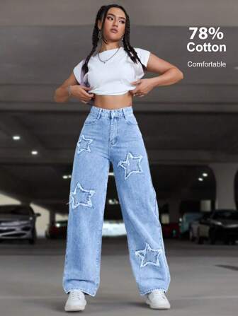 Women's Simple Star Embroidered Denim Long Pants, Everyday Wear