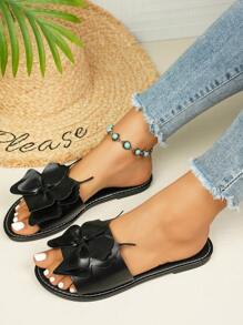 1 Pair Teenage Girls/Ladies PU Material Flat Comfortable Casual Sandals, Fashion Butterfly Decor Soft Bottom Suitable For School, Party, Plus Size, Solid Color Summer Slip-On Sandals - Black - View 7