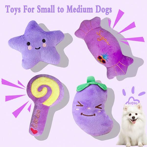 4pcs Plush Squeaky Pet Toy Set For Small Dogs & Cats -Stars, Lollipops, Candy, Eggplant Designs - Interactive Play And Sleep Companions, Pet Toys For Dogs Chew Toy For Dog Interactive Supply