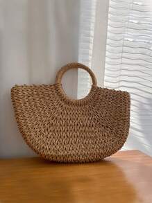Yogodlns Luxury Hollow Designer Beach Shoulder Bag High Quality Brand Straw Handbag Women Summer Raffia Woven Travel Basket Tote Bags Summer Handmade Bags For Women Beach Weaving Ladies Straw Bag Wrapped Beach Bag Moon Shaped Top Handle Handbags Totes
