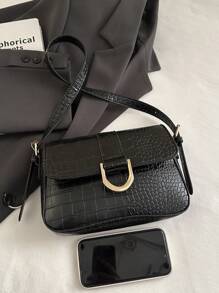 秋冬季新款复古时尚腋下包，五金皮带扣装饰，翻盖开口，可调节肩带，小容量，轻巧极简单肩包。适合女性日常生活休闲、通勤、学生使用的方包 - 黑色 - 查看 4