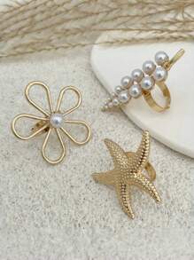 1SET 戒指套装夏季海洋风格，度假风格，花朵戒指立体五瓣花可调节戒指女士叠戴戒指甜美婚礼周年舞会珠宝礼物派对礼物 - 金色 - 查看 3