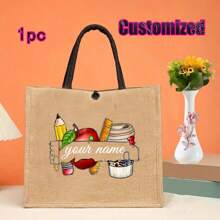 Regalo personalizado para maestros con impresión de nombre personalizado | Conjunto de bolsa de compras reutilizable de lino caqui y yute, y billetera | Detalles en metal negro para la Semana de la Enfermera/Día de la Madre/Apreciación a Maestros | Bolso multiuso para la playa y organizador de viaje