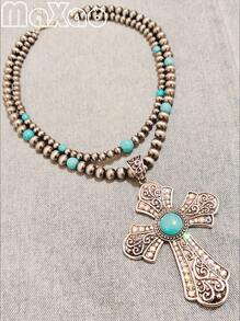 令人惊叹的复古基督教吊坠西部乡村项链，双层设计，春季风格，适合日常佩戴