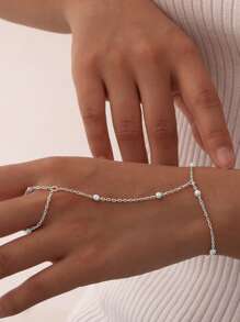 1pc Minimalist Fashionable Metal Beaded Link Chain Knuckle Ring Bracelet (Hand-Cut Chain Length, Random Bead Quantity) - Silver-style-b - View 2