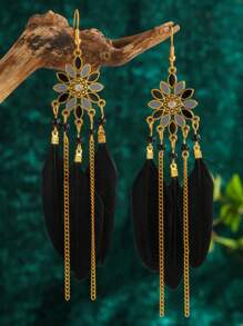 Vintage Boho Feather Tassel Drop Long Earrings For Women - Multicolor - View 2