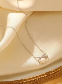 1pc Elegant Cultured Freshwater Pearl & Cubic Zirconia Silver Jewelry Bow Pendant 925 Sterling Silver Necklace, Suitable For Women Everyday Wear - Silver - View 2