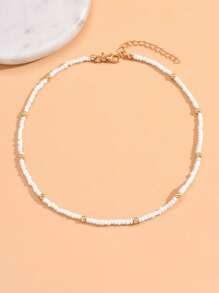 1pc Minimalist Personalized Beads & Metallic Beads Choker Necklace, Versatile Fashion Collarbone Chain - Multicolor - View 1