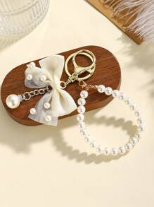 1pc Elegant Oversized Bow Pearl Keychain, Fashion Handbag Accessory With Gold-Color Hardware, Suitable For Bags And Phone Cases, Ideal Gift For Various Holidays