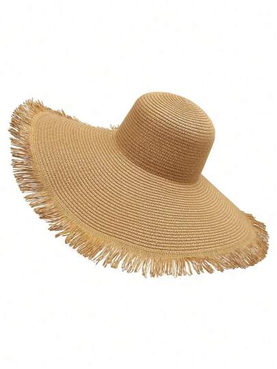 1 Summer Outdoor Large Brimmed Beach Sun Hat, Women's, Woven Fluffy Trimmed Straw Hat, Bohemian Beach Hat,