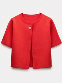 Women's Fashion Casual Red, Elegant And Comfortable Knit Cardigan Top With Metal Button Round Neck Short Sleeve Women's - Red - View 1