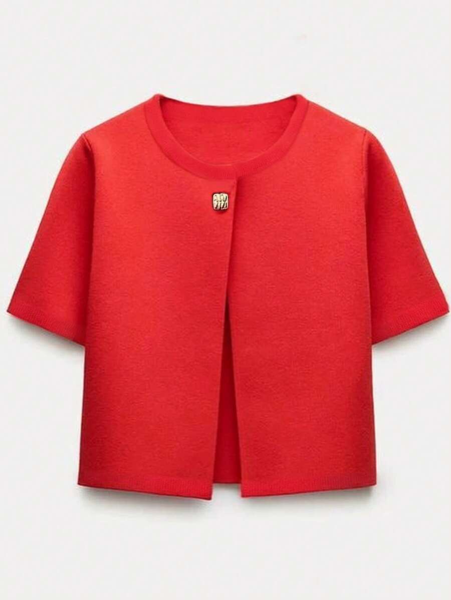 Women's Fashion Casual Red, Elegant And Comfortable Knit Cardigan Top With Metal Button Round Neck Short Sleeve Women's - Red - View 1