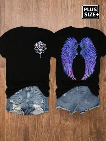 Can Be Worn Up To 60 Pounds Plus Size Relaxiva Angel Wings & Rose Print Crew Neck T-Shirt, Casual Short Sleeve T-Shirt For Spring & Summer, Women's Regular Clothing Graphic Tees Women Tops